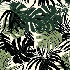 The image is a pattern of dark green and light green tropical leaves on a beige background.


