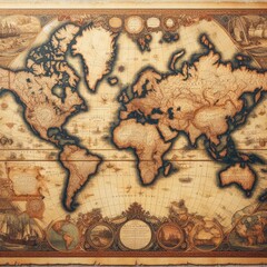 old world map on golden vintage paper texture background