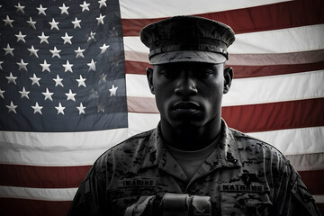 A silhouette of a soldier with background of USA flag