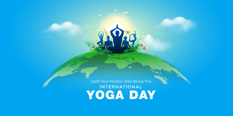 Vector illustration of International Yoga Day Greeting design. People practicing body stretch exercises yoga and world map background.