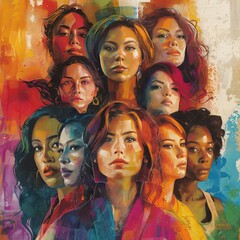 A diverse group of beautiful, strong, and confident women of various ethnicities and ages are depicted in an abstract painting