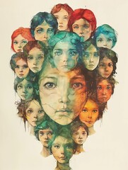 An ethereal portrait of a woman composed of a multitude of diverse faces, each representing a unique aspect of her being