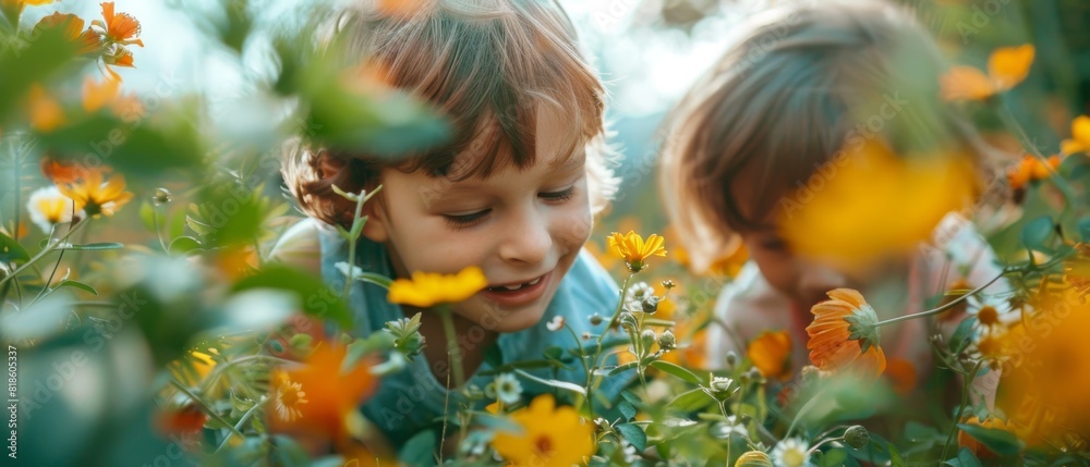 Wall mural Two children are playing in a field of flowers