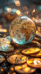 Crystal globe on many digital coins, Economic inflation, new digital financial trend,