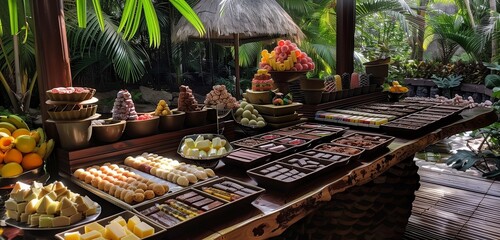 Colorful candy bar arrayed against a backdrop of palm trees and azure skies in paradise. 