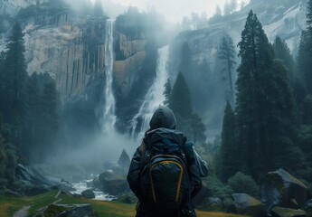 A hiker standing in front one of the highest waterfalls in National Park, looking at the waterfall and forest.