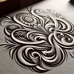 Artist’s Hands Detailing Intricate Black Ink Swirl Design on Paper Amidst Carving Tools