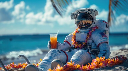 Summer background, An astronaut with hawaiian costume tropical palm and beach background