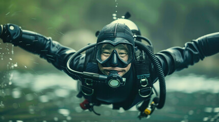 Fototapeta premium Scuba diver with outstretched arms in green water environment