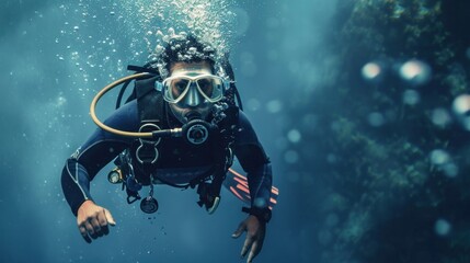 Scuba diver exploring underwater near rocky formation in blue ocean