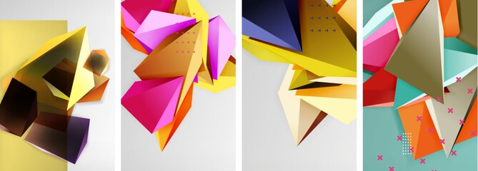 Trendy low poly 3d triangle shapes and other geometric elements background designs for wallpaper, business card, cover, poster, banner, brochure, header, website