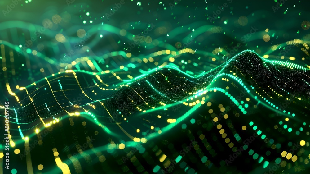 Aufkleber digital technology wave with glowing green particles. abstract data stream visualization. futuristic
