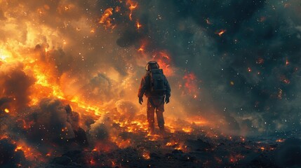 Soldier with Grenade Navigating Chaotic Battlefield Amid Explosive Spacetime Distortions