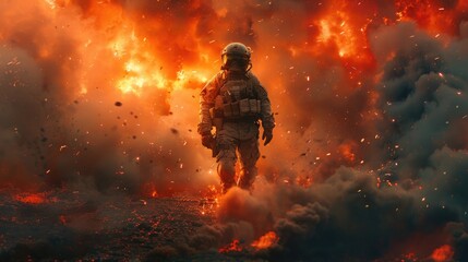 Soldier with Grenade Navigating Chaotic Battlefield Amid Explosive Spacetime Distortions