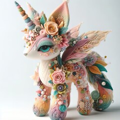 Whimsical Unicorn-Deer Plush Toy Adorned with Vibrant Craft Decorations Amidst Crafting Materials