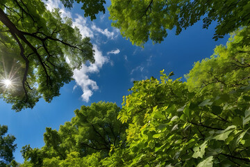 Obraz premium A bottom up view of bright sky amidst the trees