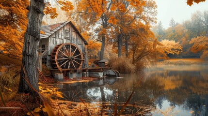 Old-fashioned salt mill set in a countryside landscape, water wheel grinding cane, historical machinery at work, autumn colors
