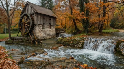 Old-fashioned salt mill set in a countryside landscape, water wheel grinding cane, historical machinery at work, autumn colors