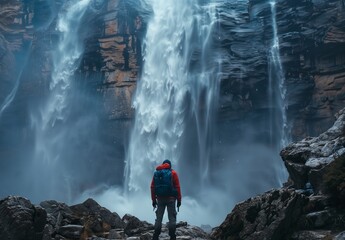 A hiker standing in front one of the highest waterfalls in National Park, looking at the waterfall and forest.