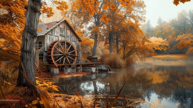 Old-fashioned salt mill set in a countryside landscape, water wheel grinding cane, historical machinery at work, autumn colors