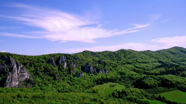 Panoramic view of the spring landscape, Sulovske skaly, a national nature reserve in northwestern Slovakia, in Europe.