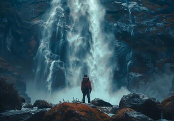 A hiker standing in front one of the highest waterfalls in National Park, looking at the waterfall and forest.