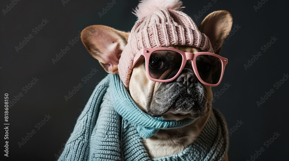 Wall mural A French bulldog looking fashionable with sunglasses and a scarf, exuding confidence and style. Generative AI