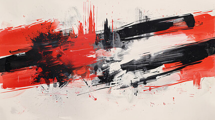 A bold abstract watercolor painting on canvas with strong, contrasting strokes of black, white, and red