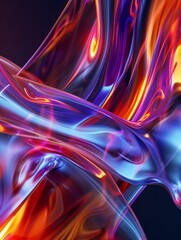 Obraz premium Abstract liquid glass holographic iridescent neon curved wave in motion dark background 3d render. Gradient design element for banners, backgrounds, wallpapers and covers.