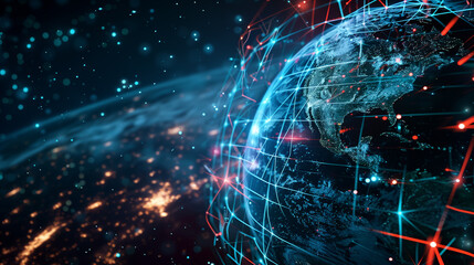 A detailed view highlighting the Earth at night, with glowing digital networks connecting various continents, symbolizing global communication and technology. Generative AI