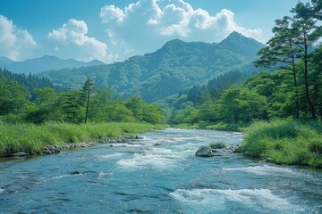 Clear River Flowing Through Lush Green Valley