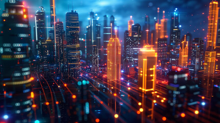 Fototapeta premium A mesmerizing futuristic city comes alive at night. Neon lights in blue, orange, and red outline the skyscrapers, creating a vibrant and dynamic urban landscape. Generative AI