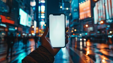 hand holding a smartphone in Times Square, New York City. The screen is blank.