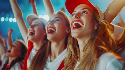 Fototapeta premium attractive girls group as soccer fan exicting football match and cheer up in stadium, Generative AI