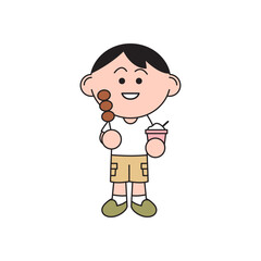 A boy is holding some snacks from local market. He is on a trip. Cartoon style character illustration. 