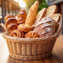 bread in basket,A rustic woven basket overflows with freshly baked pastries and bread
