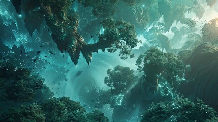 Panoramic view of a surreal fantasy world, lush bioluminescent forests, floating islands in the twilight, drone photography style, vibrant, ethereal light, photorealistic detail