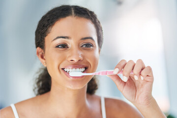 Morning, bathroom and woman with teeth whitening in home for dental hygiene, wellness or oral care...