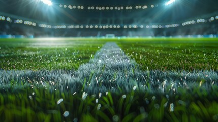 Close up soccer field lines. Background soccer pitch grass football stadium ground view. Grass macro in sports arena. with lights background