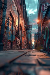 A narrow urban alleyway at dusk, adorned with colorful graffiti on brick walls, reflecting the...