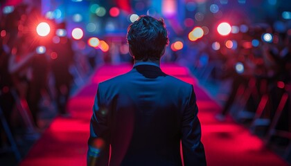 A celebrity walking down the red carpet, viewed from behind, with flashing cameras and fans in the background,