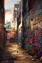 A brightly lit urban alleyway covered in colorful graffiti art on brick walls, showcasing the...
