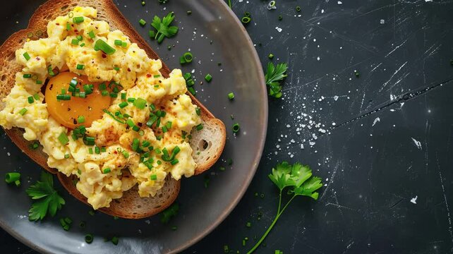 Toast with scrumbled egg on plate, food for breakfast. 