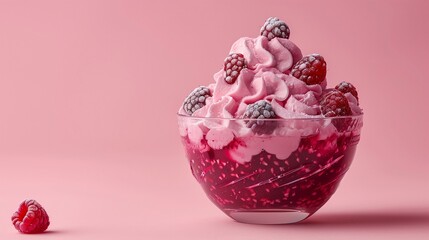 Raspberry dessert , sorbet, glass bowl with berry puree and cream on a pink background