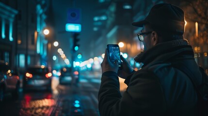 man is taking a photo of a busy street at night.
