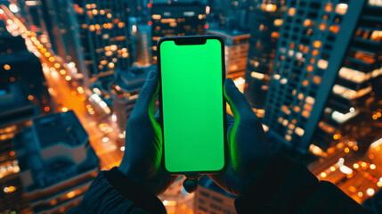 person holding a green screen phone in front of a city at night