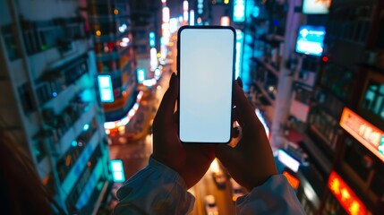 person holding a smartphone in their hand. The background is a blurred out cityscape at night. - Powered by Adobe