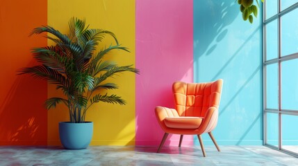Vibrant Retro Armchair Against Colourful Striped Background Generative AI