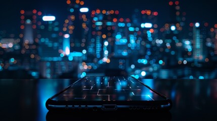 smartphone with a transparent screen showing a keyboard. The background is a blurred cityscape at...
