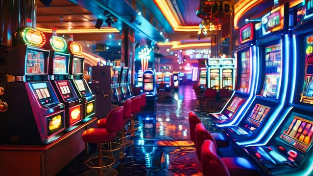 A casino with rows of slot machines illuminated by colorful lights